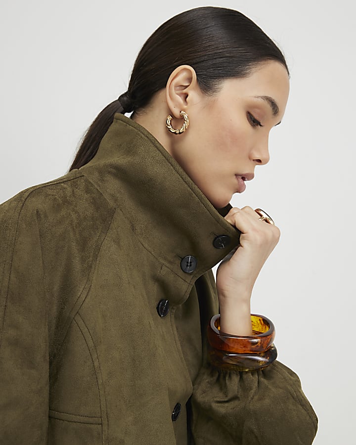 Khaki Faux Suede Drawstring Hem Bomber Jacket