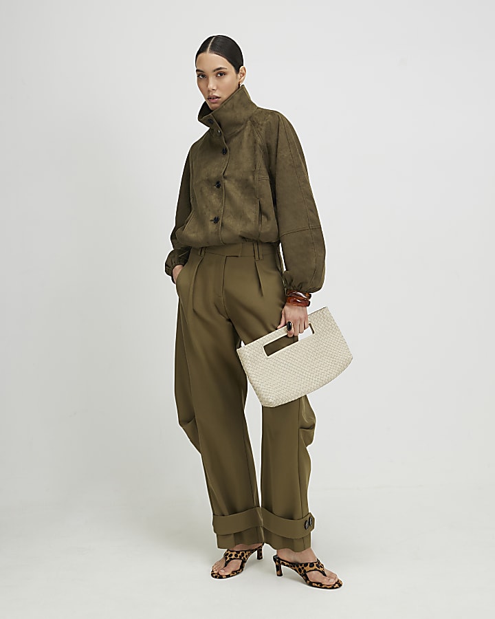 Khaki Faux Suede Drawstring Hem Bomber Jacket