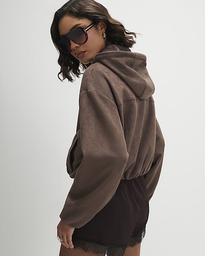 Brown Faux Suede Hooded Jacket