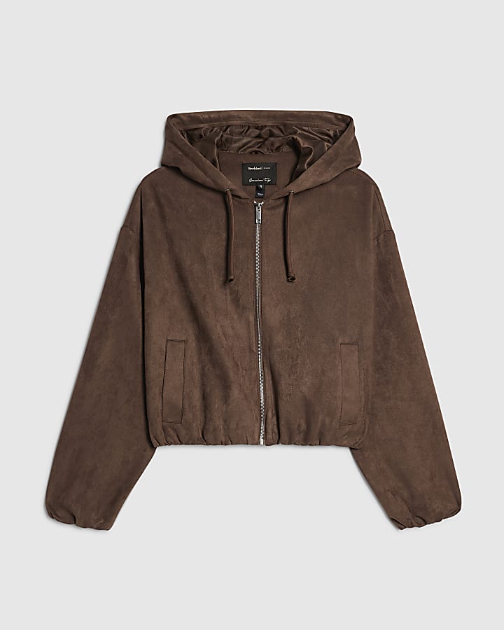 Brown Faux Suede Hooded Jacket