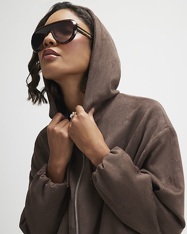Brown Faux Suede Hooded Jacket