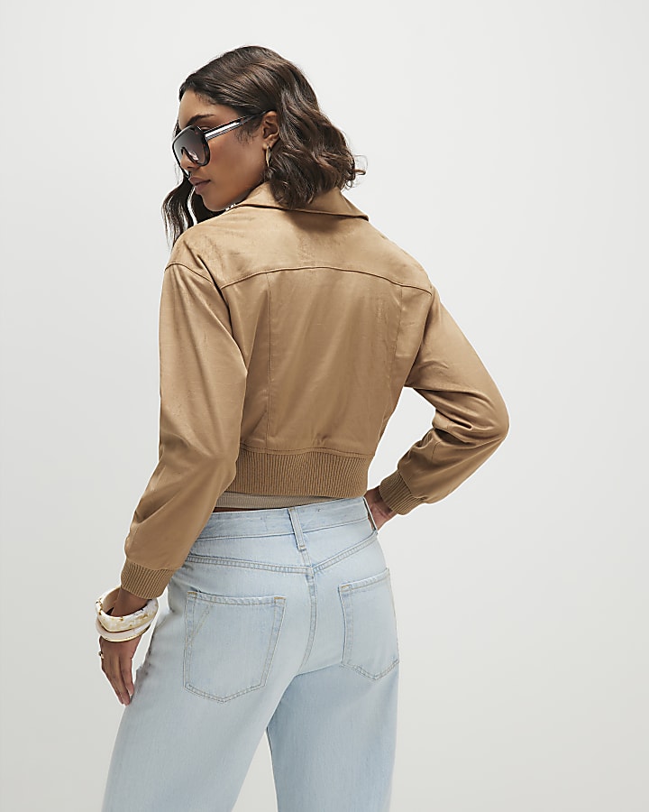 Beige Faux Suede Ribbed Hem Bomber Jacket