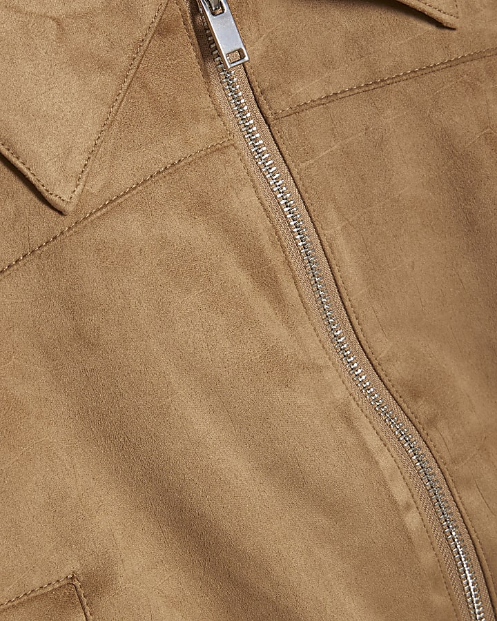 Beige Faux Suede Ribbed Hem Bomber Jacket