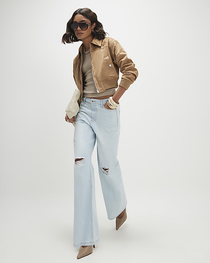 Beige Faux Suede Ribbed Hem Bomber Jacket