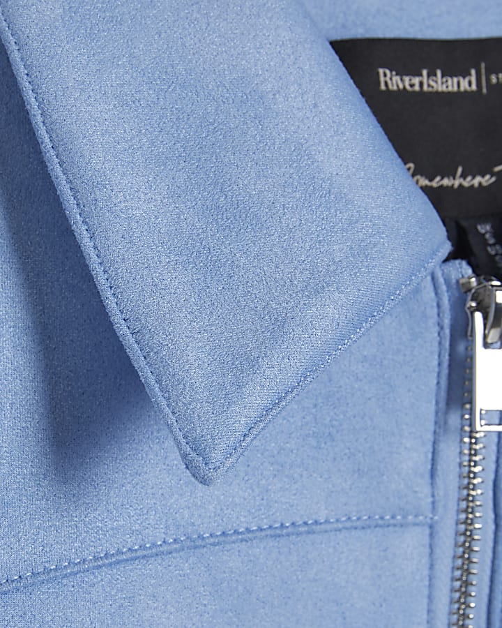 Blue Faux Suede Bomber Jacket