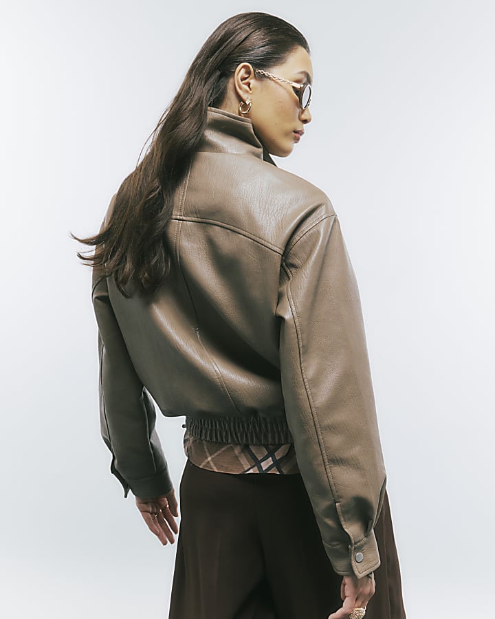Beige Textured Faux Leather Bomber Jacket