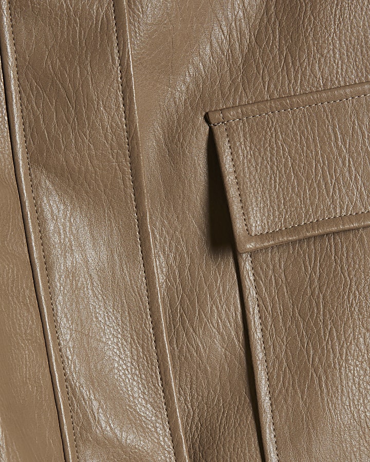 Beige Textured Faux Leather Bomber Jacket