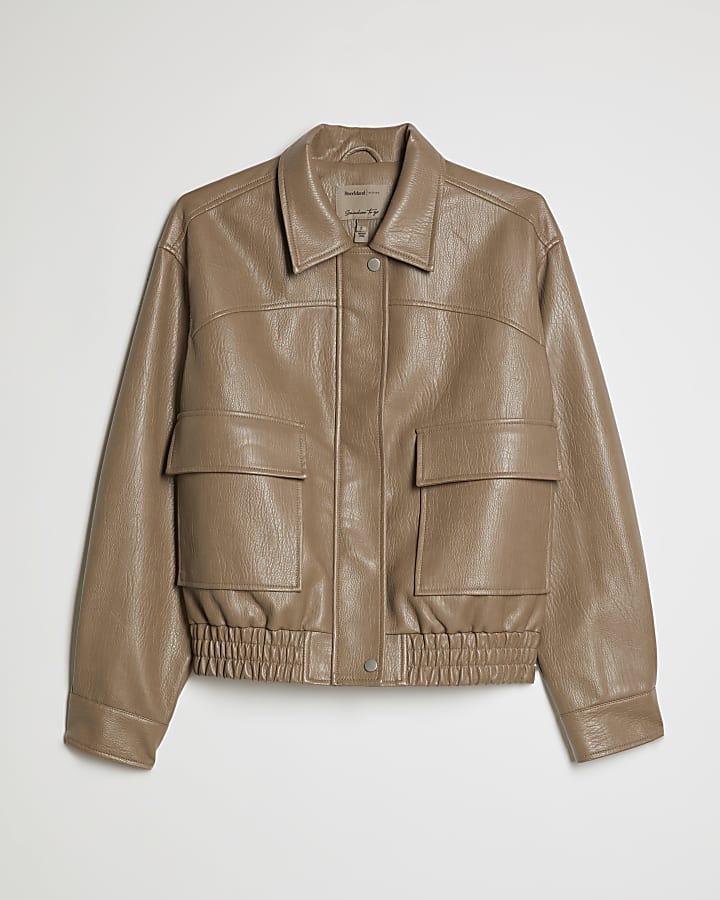 Beige Textured Faux Leather Bomber Jacket