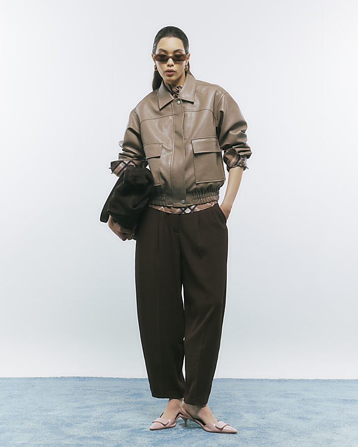 Beige Textured Faux Leather Bomber Jacket