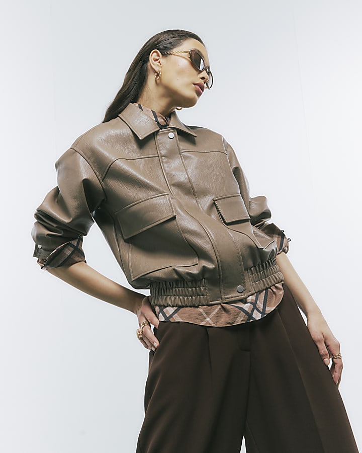 Beige Textured Faux Leather Bomber Jacket