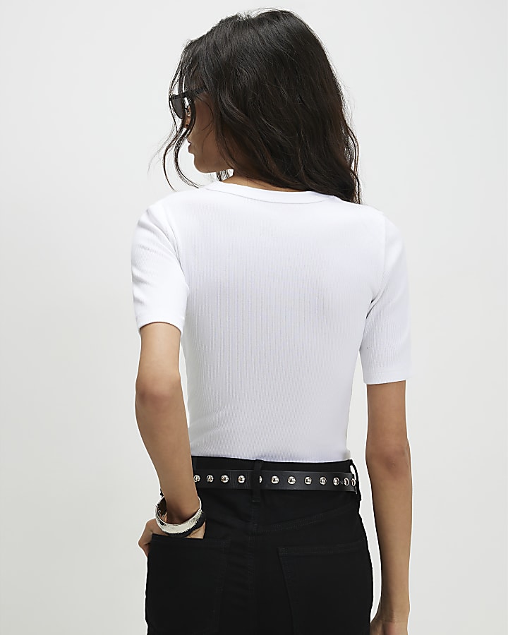 White Cotton Short Sleeve Ribbed Popper Top
