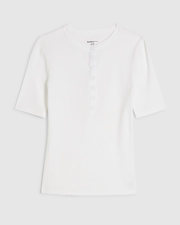 White Cotton Short Sleeve Ribbed Popper Top