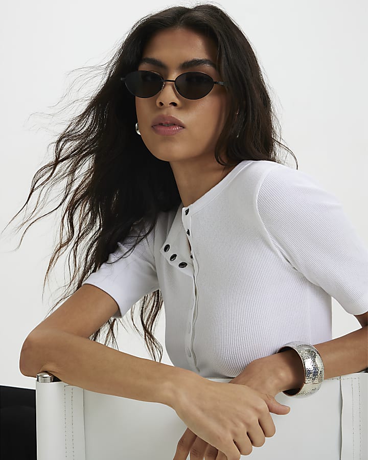 White Cotton Short Sleeve Ribbed Popper Top