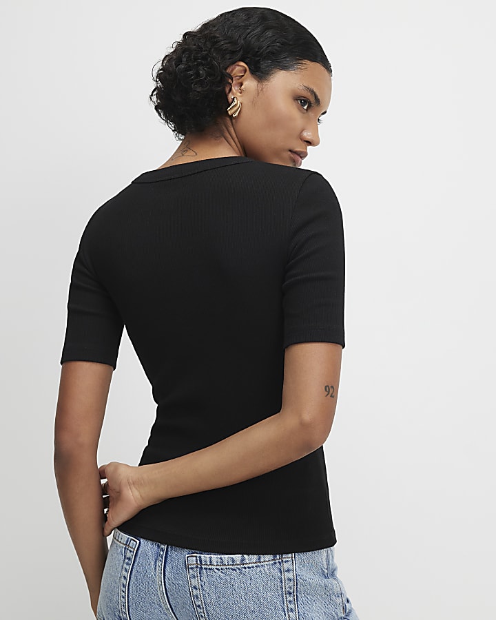 Black Henley Rib Top