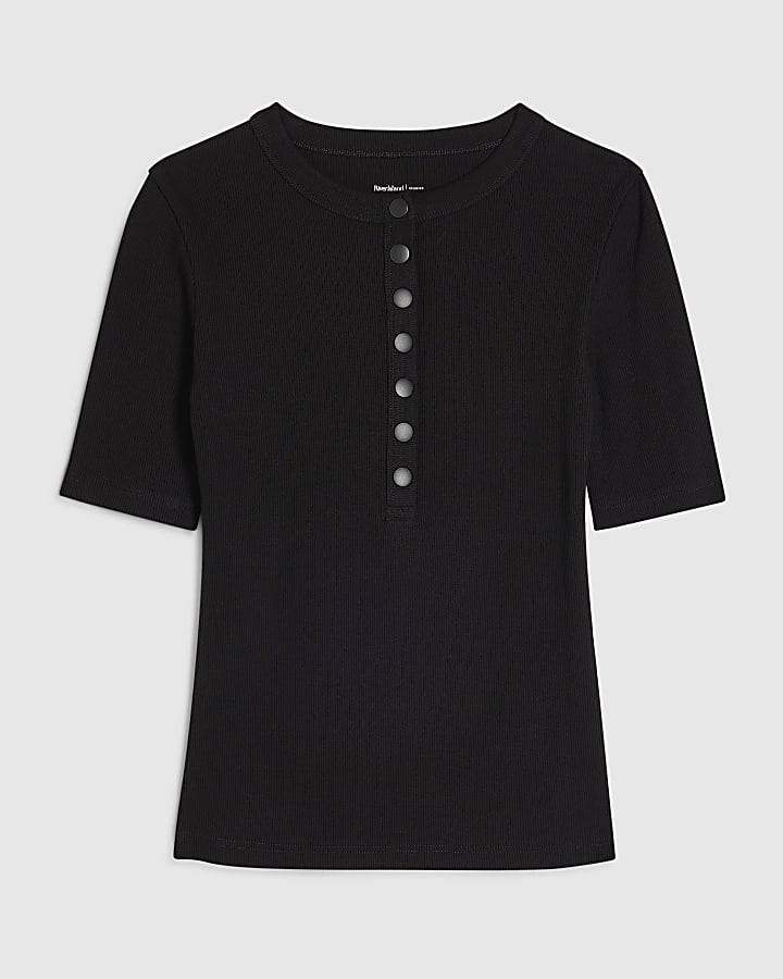 Black Henley Rib Top