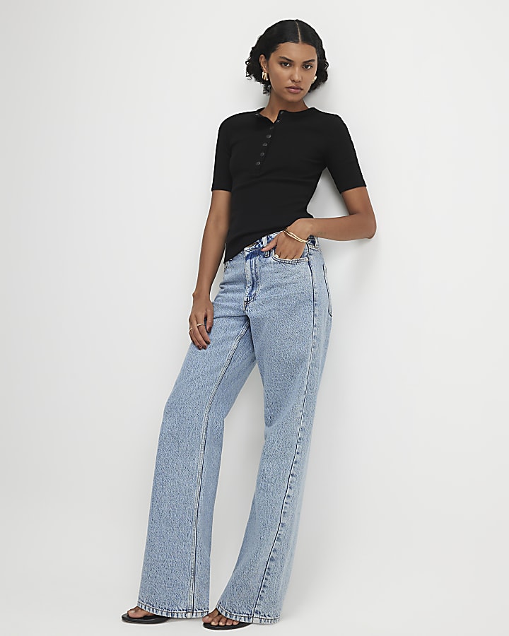 Black Henley Rib Top