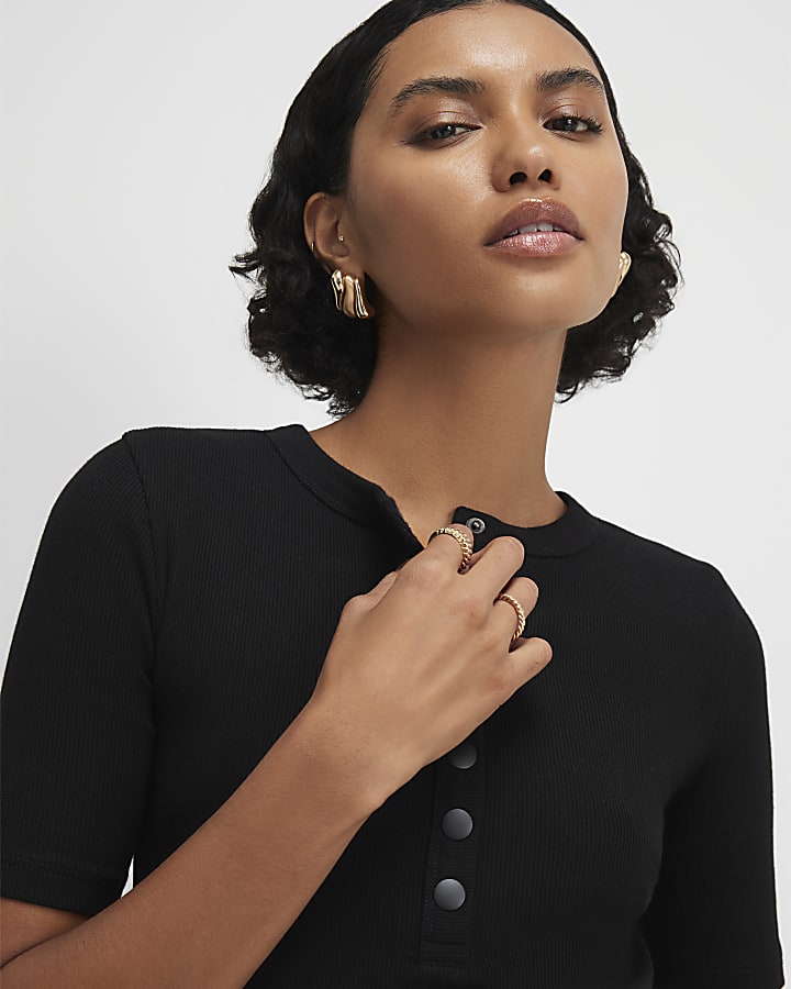 Black Henley Rib Top