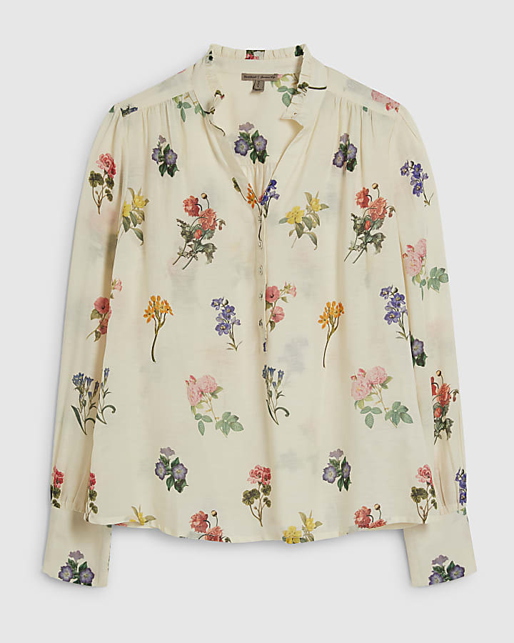 Cream Floral Long Sleeve Blouse