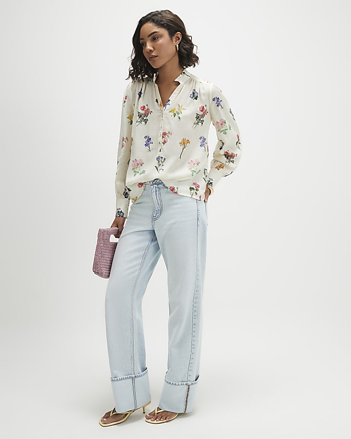 Cream Floral Long Sleeve Blouse