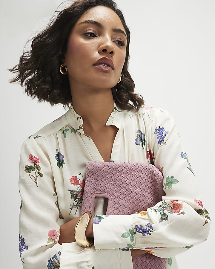 Cream Floral Long Sleeve Blouse