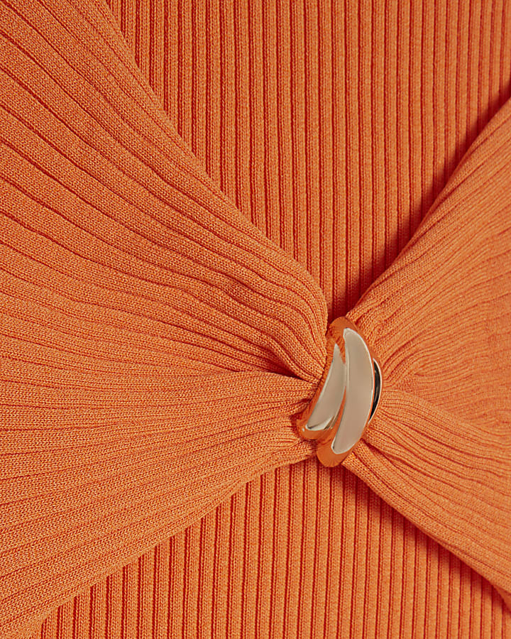 Orange Knitted Sleeveless Midi Dress