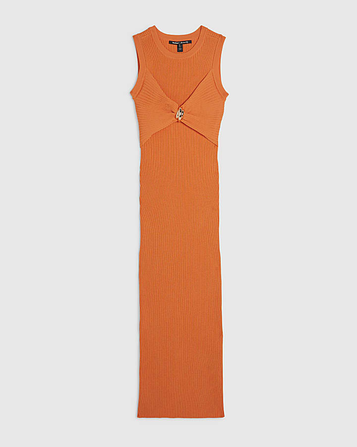 Orange Knitted Sleeveless Midi Dress