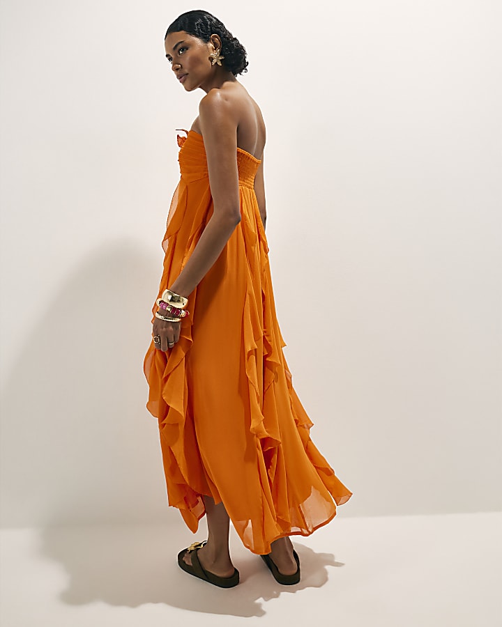 Orange Bandeau Crochet Flower Dress