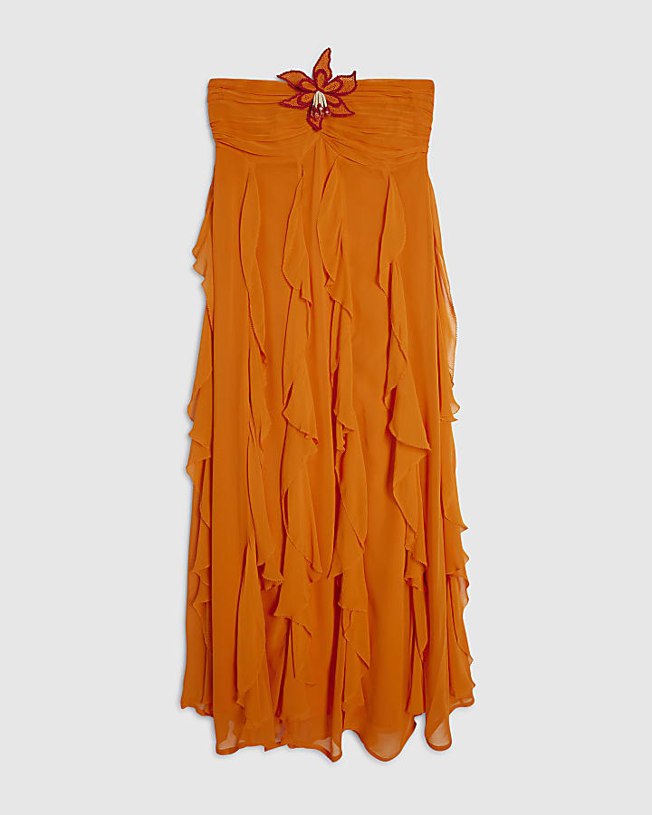 Orange Bandeau Crochet Flower Dress