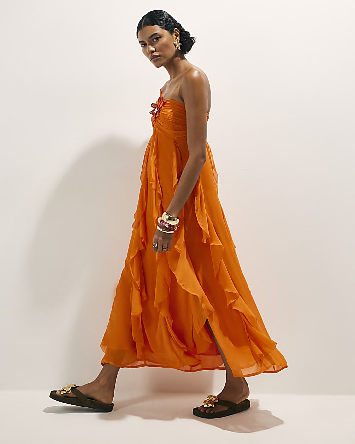 Orange Bandeau Crochet Flower Dress