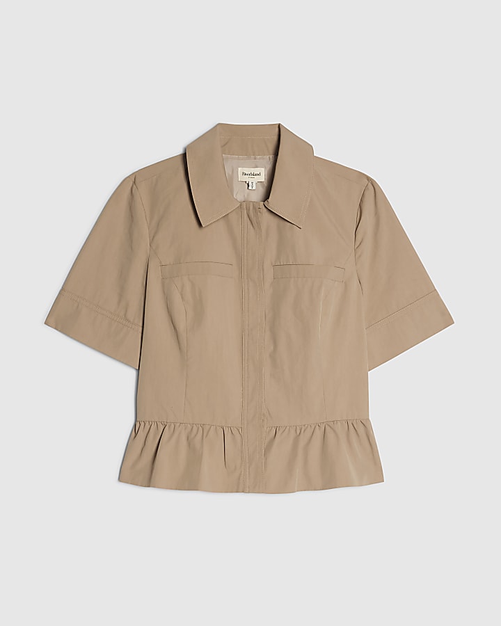 Beige Cotton Blend Utility Peplum Shirt