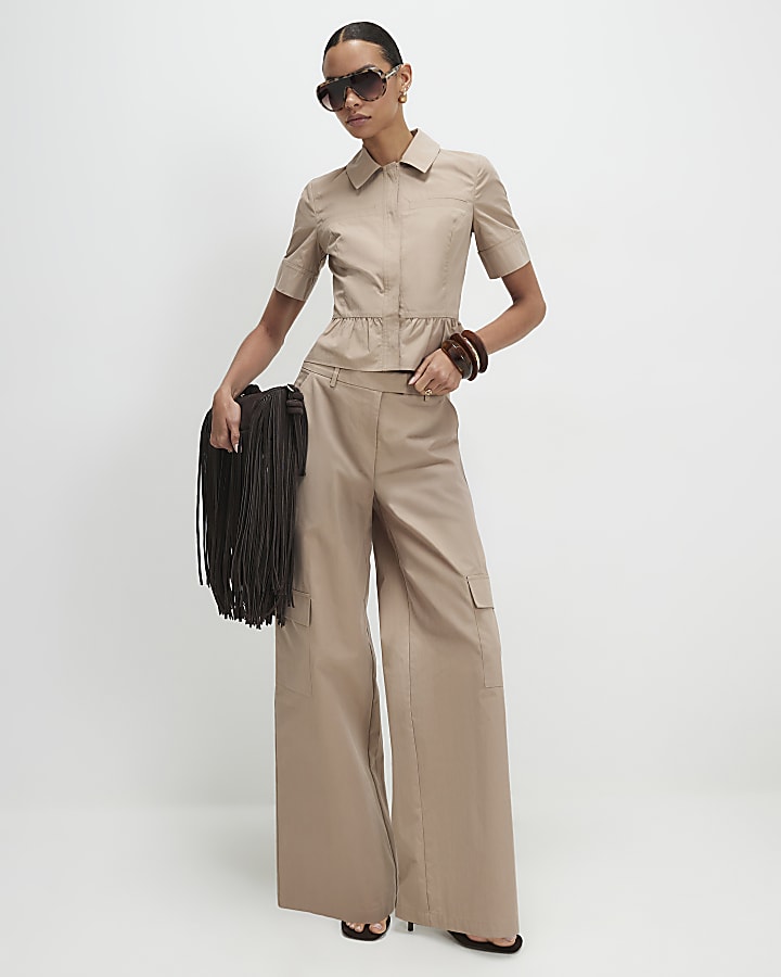 Beige Cotton Blend Utility Peplum Shirt