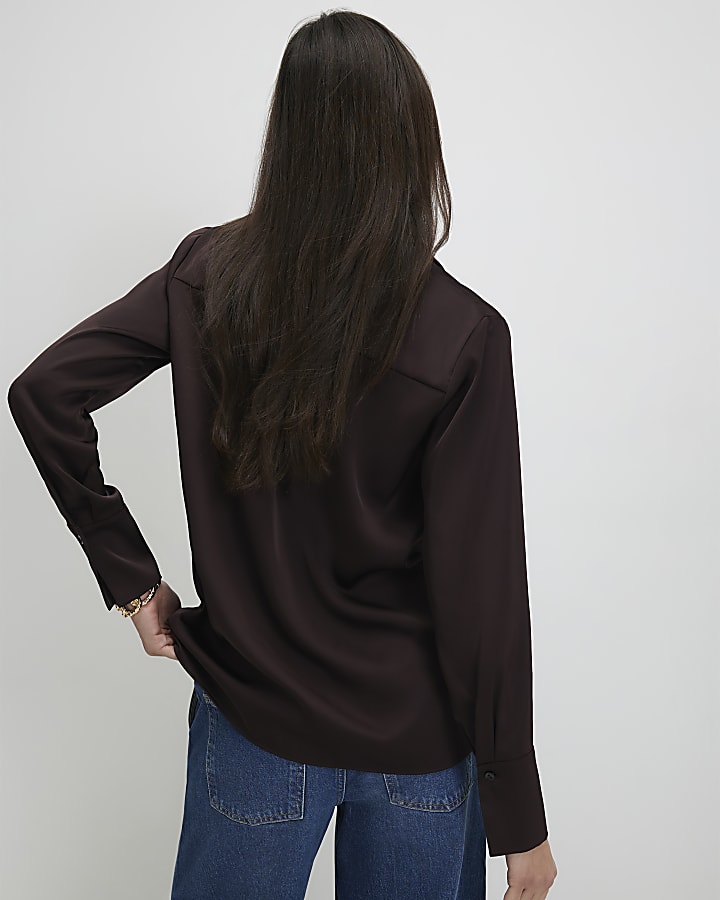 Brown Satin Long Sleeve Slim Fit Shirt