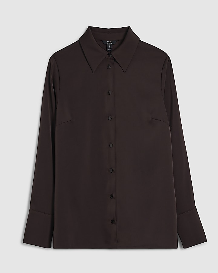 Brown Satin Long Sleeve Slim Fit Shirt