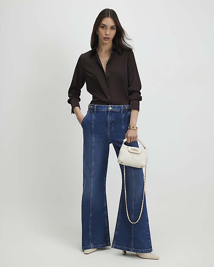 Brown Satin Long Sleeve Slim Fit Shirt