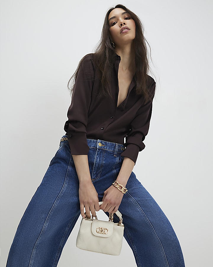 Brown Satin Long Sleeve Slim Fit Shirt