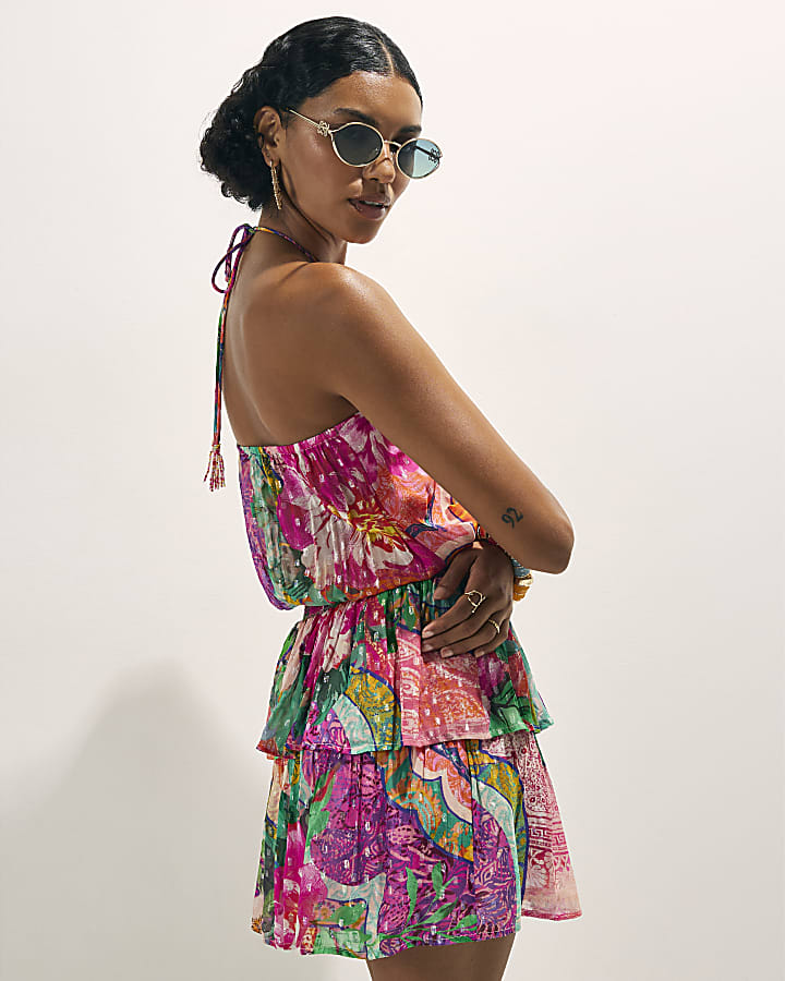 Pink Halter Shirred Waist Mini Dress