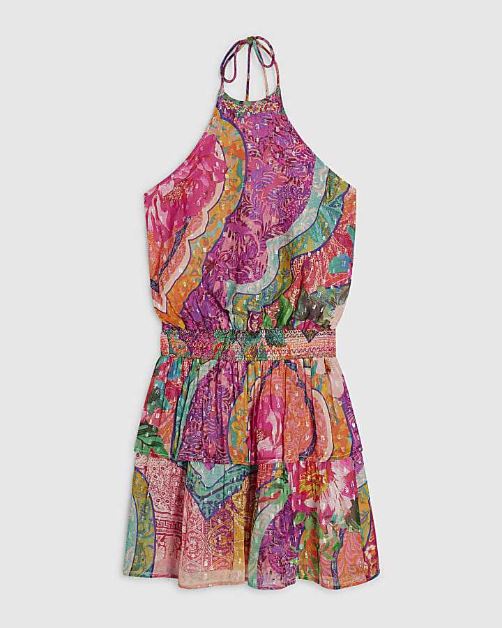 Pink Halter Shirred Waist Mini Dress