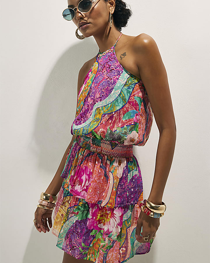 Pink Halter Shirred Waist Mini Dress