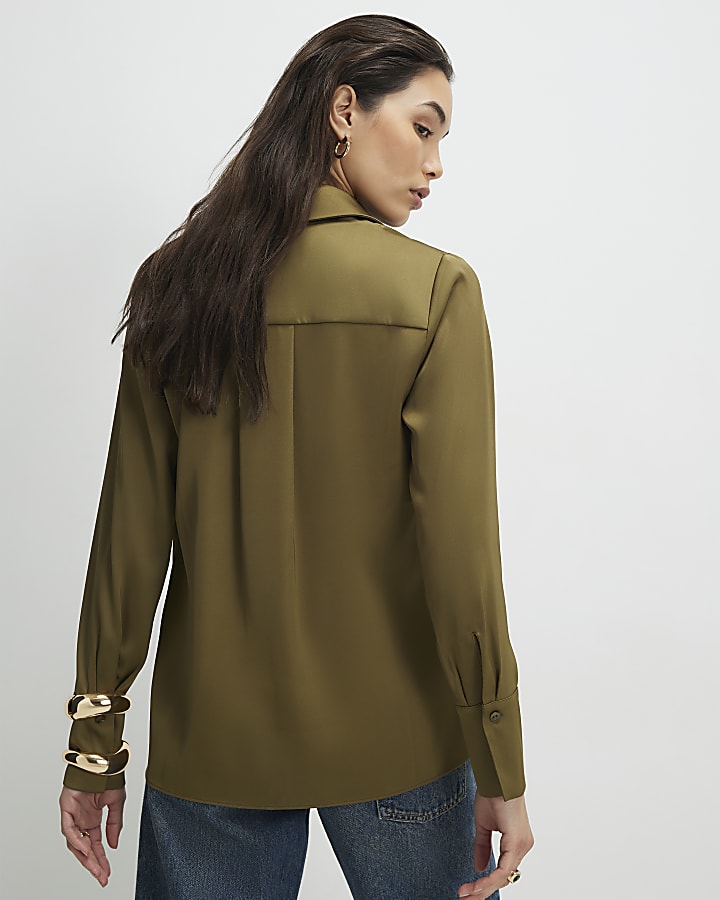 Khaki Satin Long Sleeve Slim Fit Shirt
