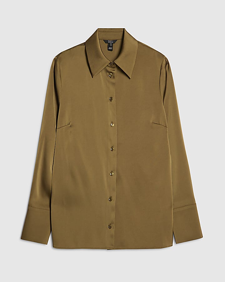 Khaki Satin Long Sleeve Slim Fit Shirt