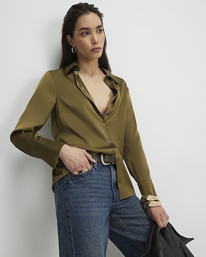 Khaki Satin Long Sleeve Slim Fit Shirt