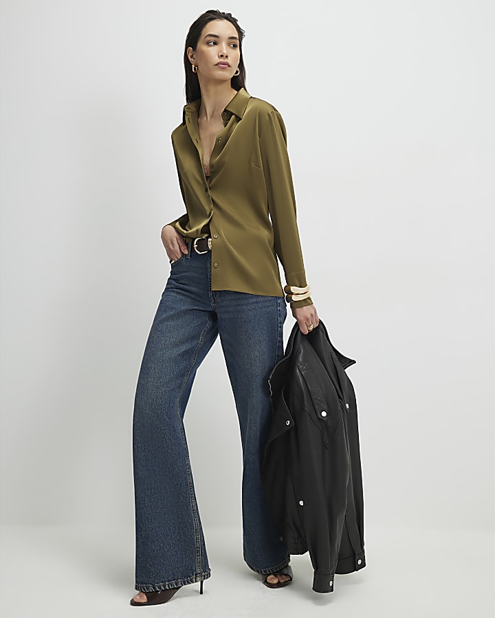 Khaki Satin Long Sleeve Slim Fit Shirt