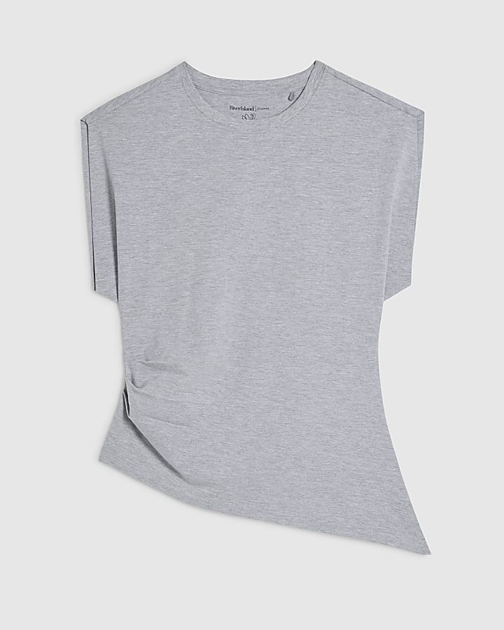 Grey Ruched Side Grown On Sleeve T-shirt