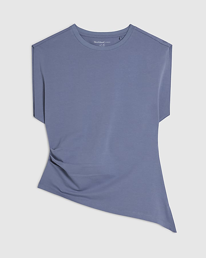 Blue Ruched Side Grown On Sleeve T-shirt