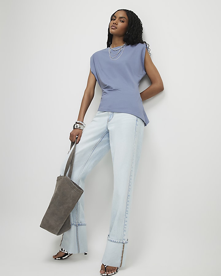 Blue Ruched Side Grown On Sleeve T-shirt