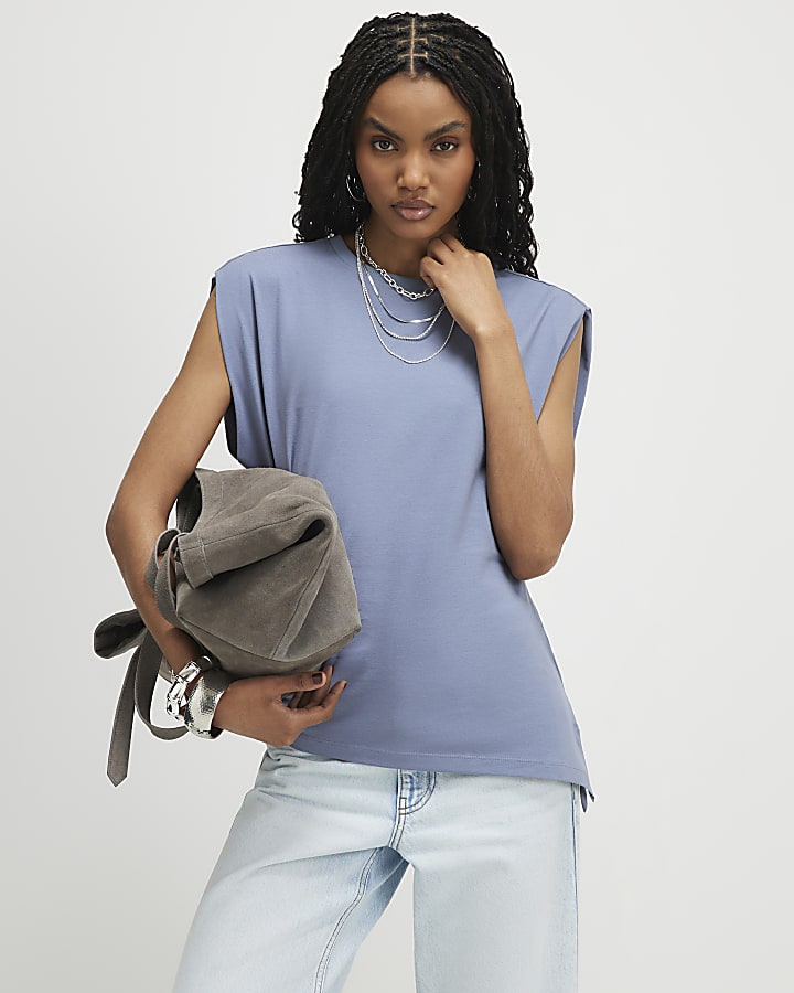 Blue Ruched Side Grown On Sleeve T-shirt