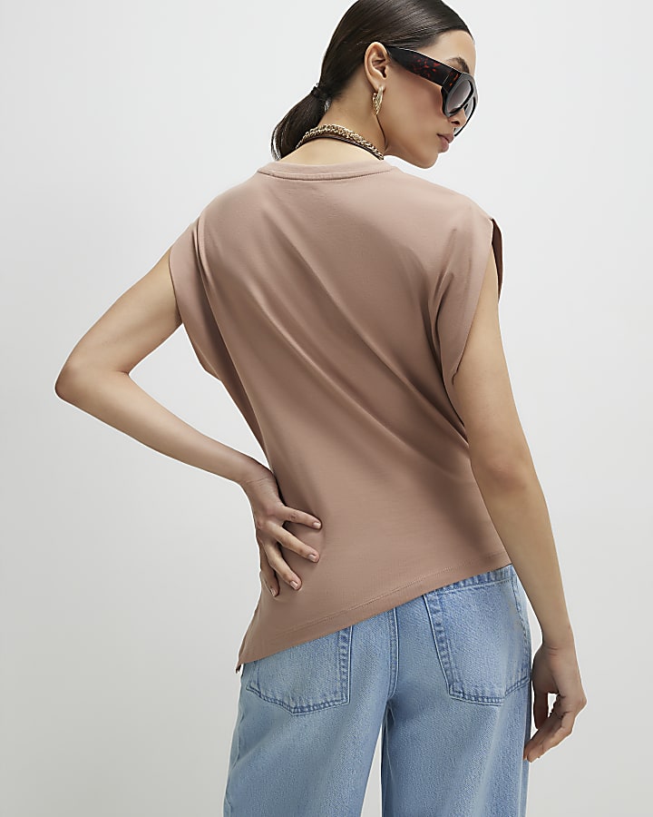 Brown Ruched Side Grown On Sleeve T-shirt