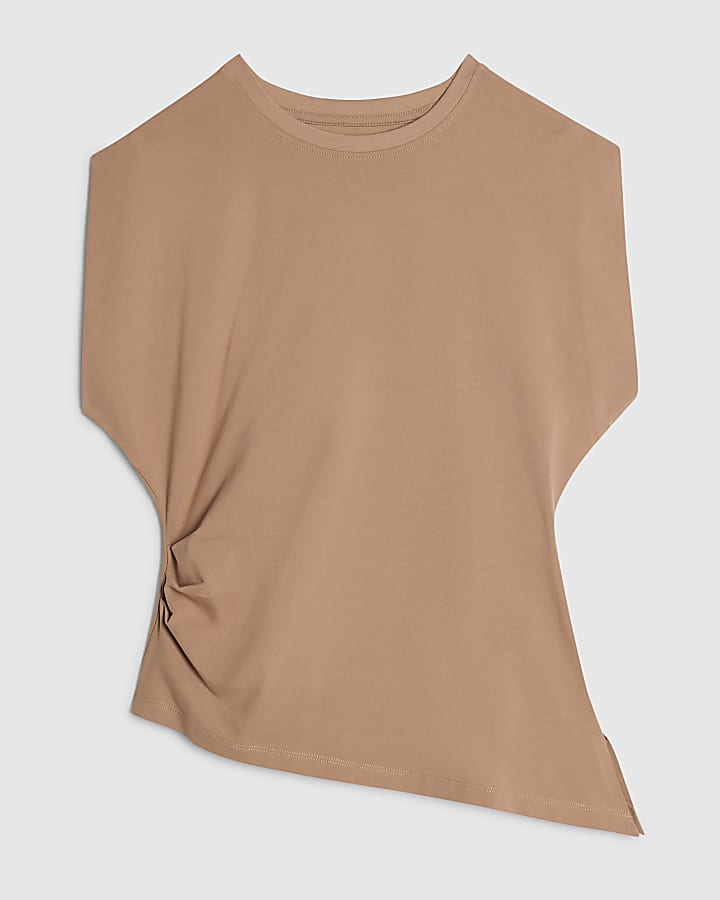 Brown Ruched Side Grown On Sleeve T-shirt