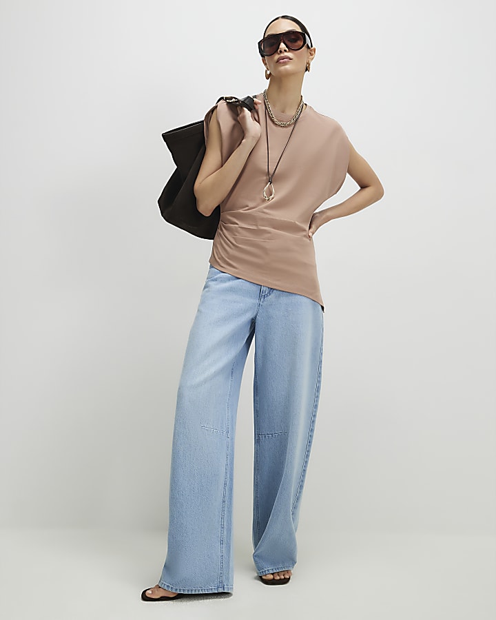 Brown Ruched Side Grown On Sleeve T-shirt