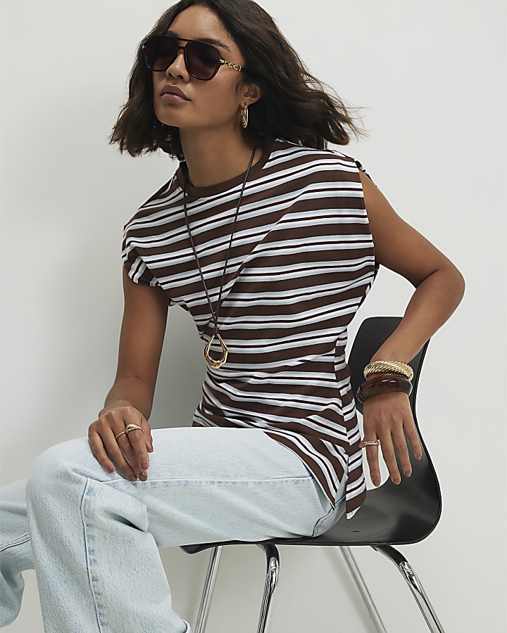 Brown Ruched Side Stripe T-shirt